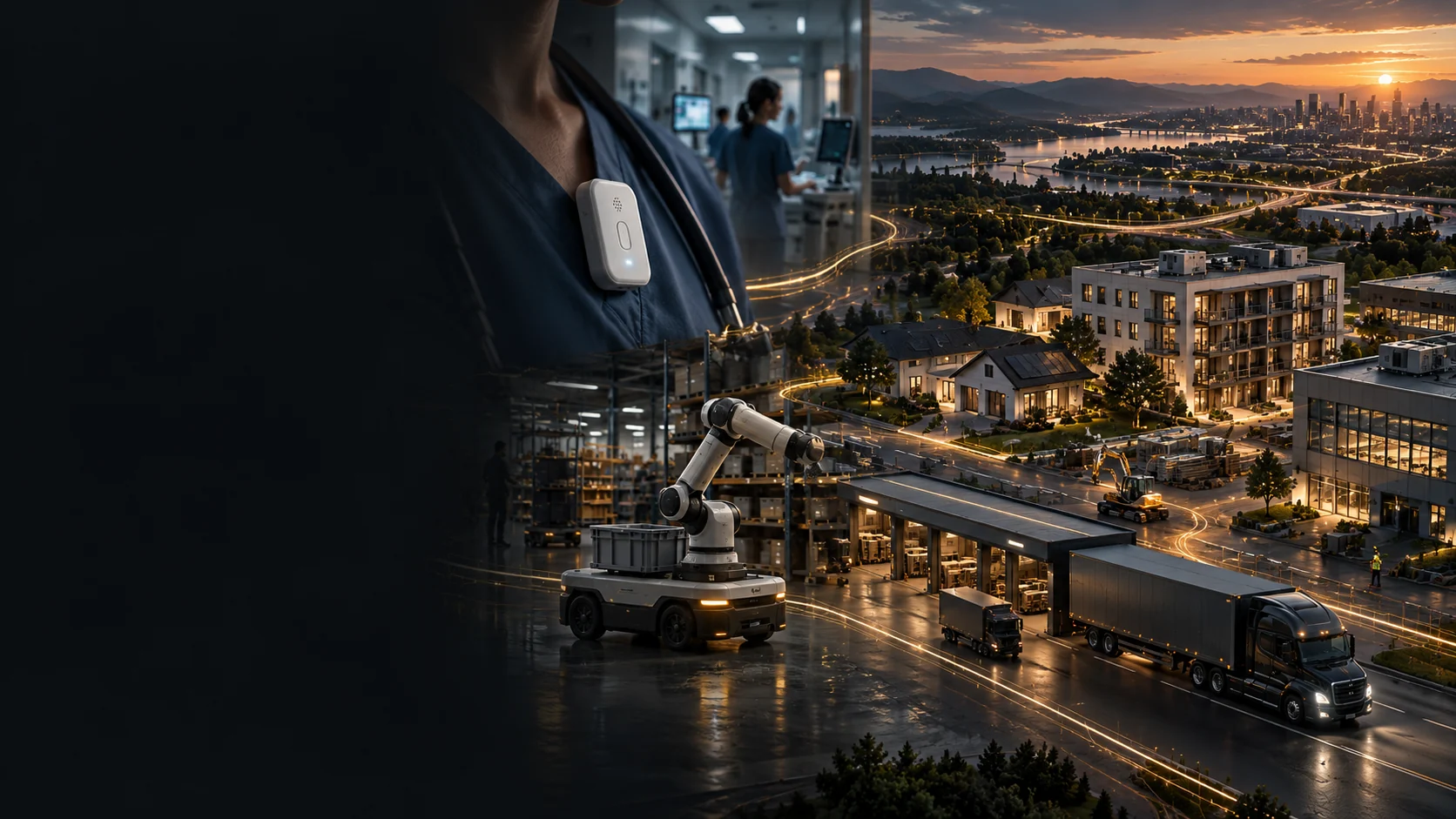 Connected landscape showing sensing, non-humanoid robotics, transport, and buildings