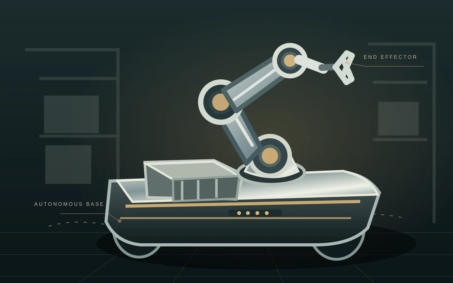 Non-humanoid wheeled mobile robot carrying an industrial articulated arm