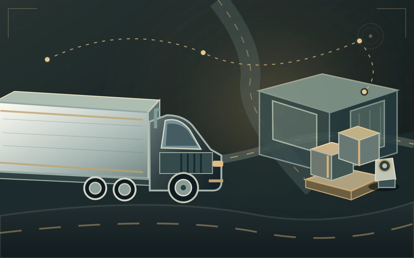Road network with trucks, goods, warehouse and distribution connections